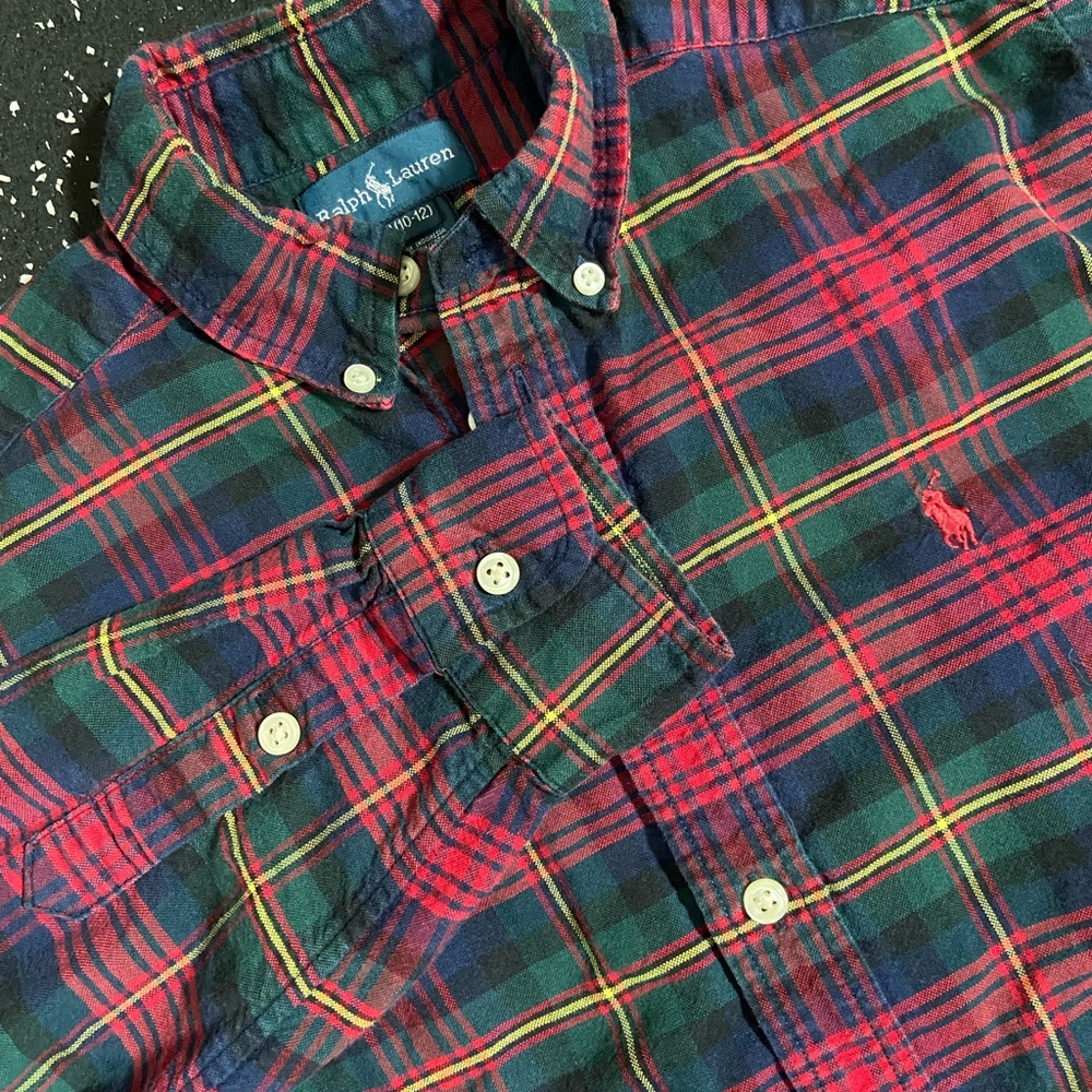 Ralph Lauren boys 10/12 youth M Plaid Shirt Red Green